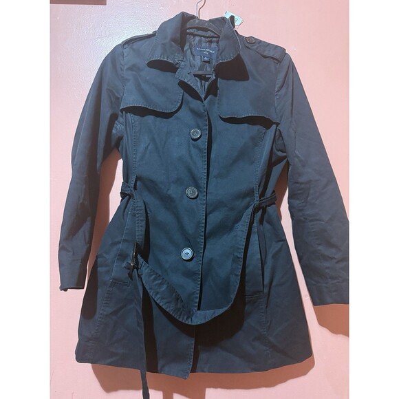 Banana Republic Womens Trench Coat PL Petite Large Black Button Up Jacket - Picture 1 of 9